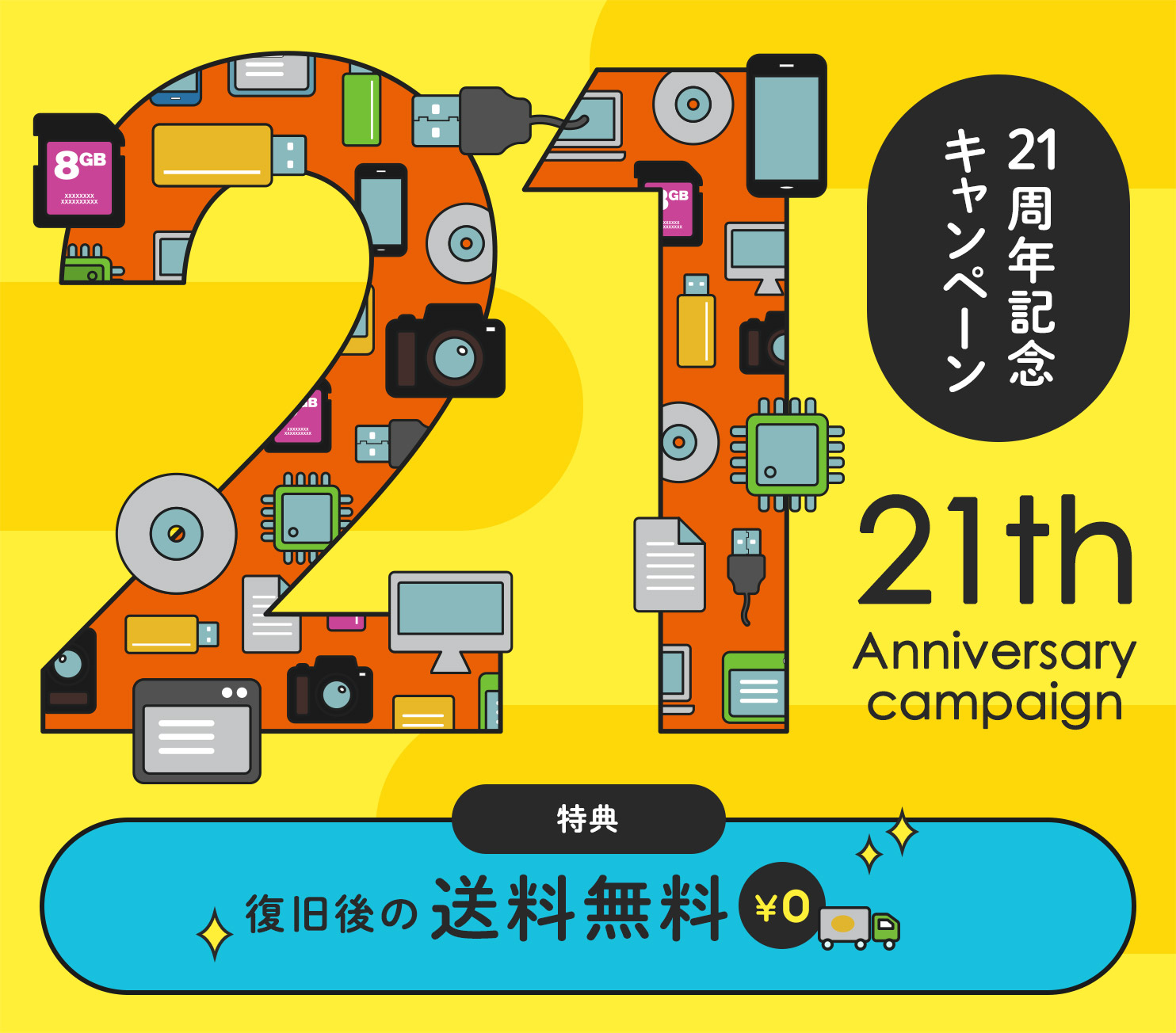 20周年記念キャンペーン （特典1）データ復旧作業をご依頼いただいたお客様全員、復旧後の送料無料！（特典2）物理障害からのデータ復旧をご依頼いただいたお客さまにはmicroSDカードをプレゼント