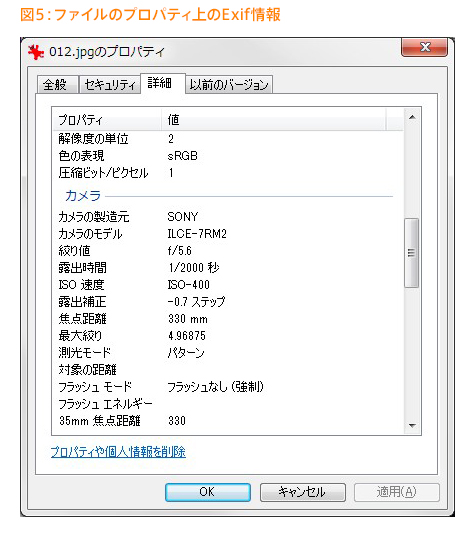 図5：ファイルのプロパティ上のExif情報