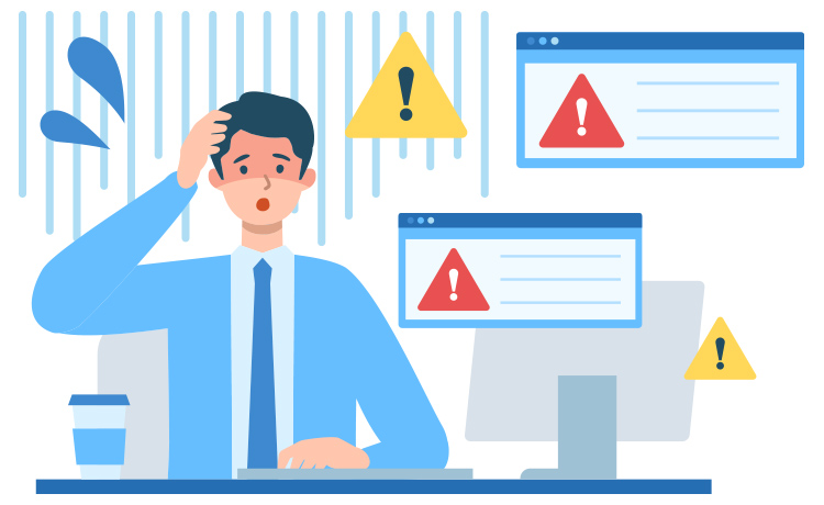 パソコンのエラー画面の前で青ざめている男性のイラスト