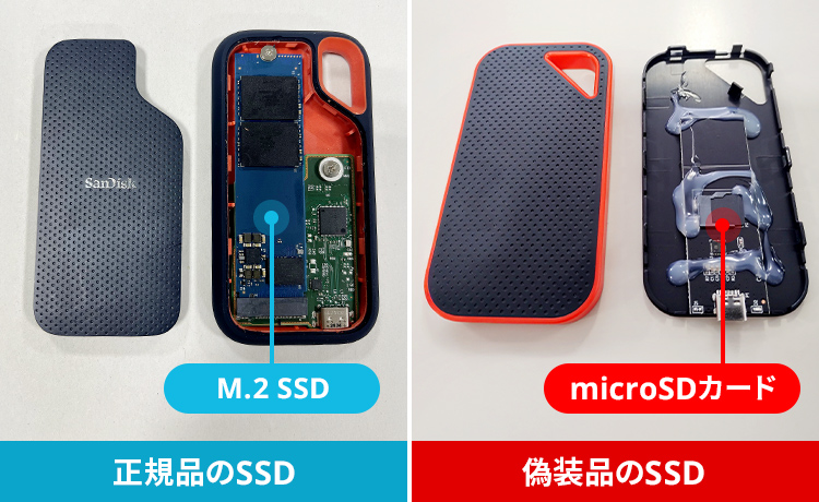 SSDの分解写真比較。正規品のSSDはM.2 SDDが内蔵されていて、偽装品のSSDはmicroSSDカードが内蔵されている