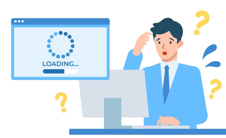 PCが起動せず、男性が困っているイラスト