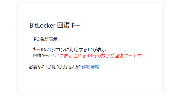 BitLocker 回復キーが表示される様子