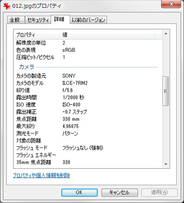 図5：ファイルのプロパティ上のExif情報