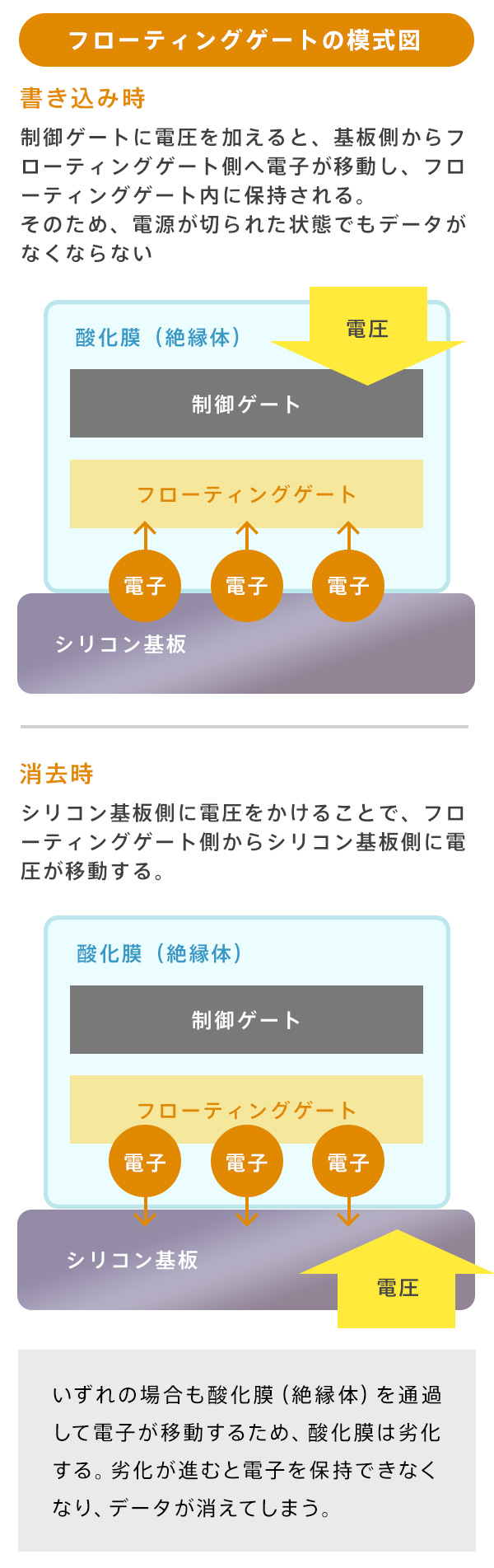 フローティングゲートの模式図。書き込み時、制御ゲートに電圧を加えると、基盤側からフローティングゲート側へ電子が移動し、フローティングゲート内に保持される。そのため、電源が切られた状態でもデータがなくならない。消去時、シリコン基板側に電圧をかけることで、フローティングゲート側からシリコン基板側に電圧が移動する。いずれの場合も酸化膜（絶縁体）を通過して電子が移動するため、酸化膜は劣化する。劣化が進むと電子を保持できなくなり、データが消えてしまう。