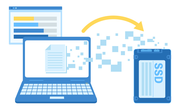 パソコンのデータをssdに移行しているイラスト