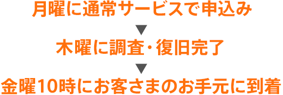 金曜に通常サービスで申込み→月曜に調査・復旧完了→火曜10時にお客さまのお手元に到着